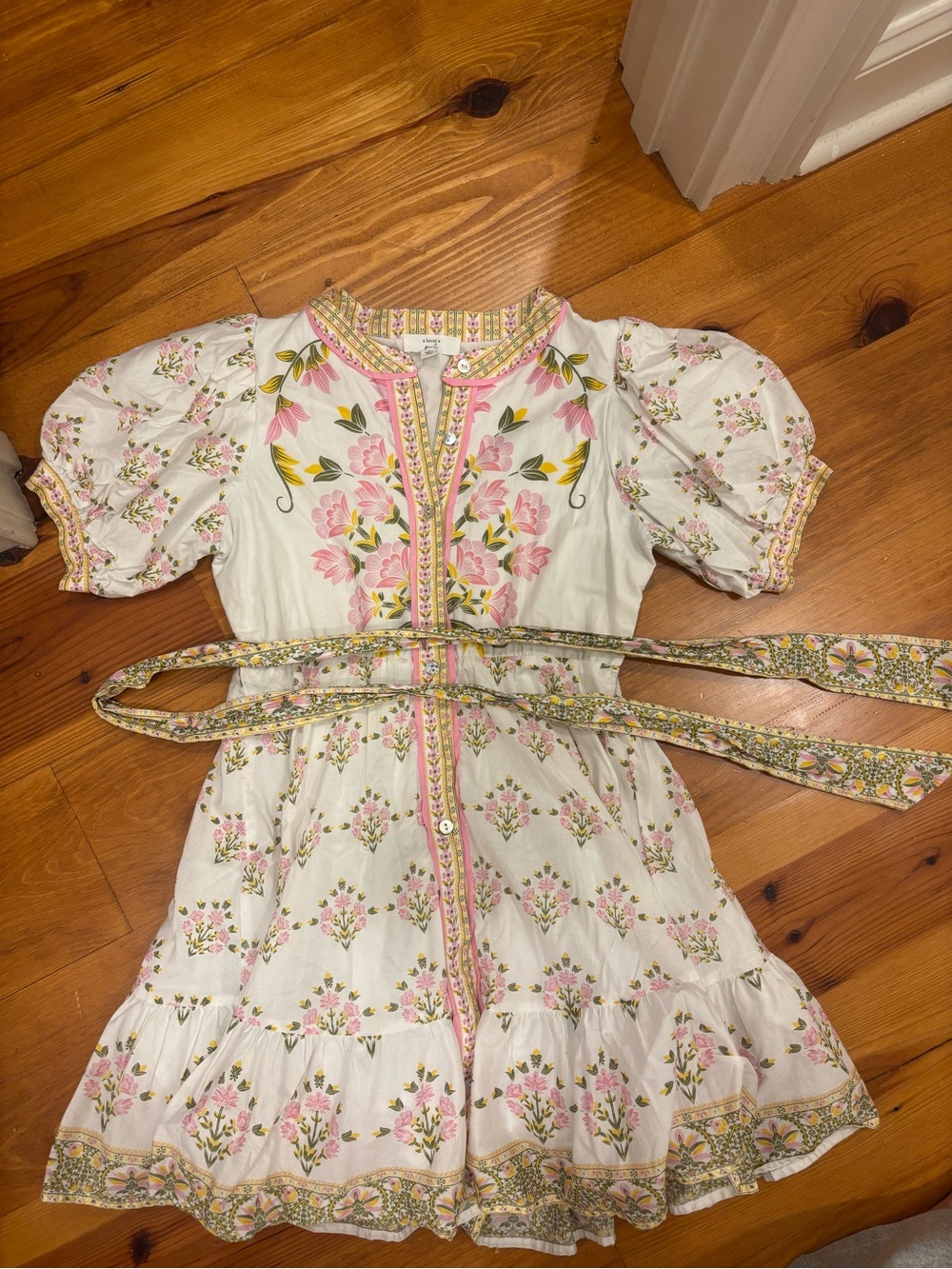 Floral Puff-Sleeve Cotton Dress with Waist Tie